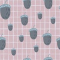 Random seamless patten with grey colored acorn shapes. Pale lilac background with check