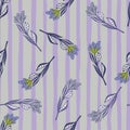 Random seamless pattern with botanic contoured flower elements. Purple pale colors. Striped background Royalty Free Stock Photo