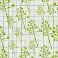 Random seamless pattern with cotton foliage shapes. Pastel light background with chequered background