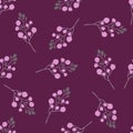 Random seamless pattern with doodle blackberry vitamin ornament. Purple and pink colored artwork