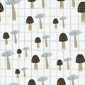 Random seamless pattern with doodle mushroom figures. Light background with check. Blue and brown colored wild fungus