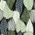 Random seamless pattern with doodle outline leaf shape silhouettes. Pastel tones green, grey and blue foliage on black background Royalty Free Stock Photo