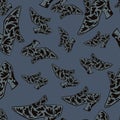 Random seamless pattern with fashion boots silouettes. Blue pale dark background