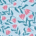 Random seamless pattern with flower elements. Pink tulip buds and turquoise stems on blue background with splashes Royalty Free Stock Photo