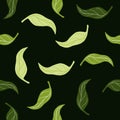 Random seamless pattern with green falling tangerine leaves shapes. Black background. Simple shapes