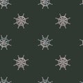 Random seamless pattern with grey colored ship wheel ornament. Black background. Sailboat backdrop Royalty Free Stock Photo