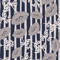 Random seamless pattern in hand drawn style with grey folk flowers ornament. Navy blue striped background