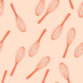 Random seamless pattern with kitchen mixing tools elements. Red corolla silhouettes on light pink background Royalty Free Stock Photo