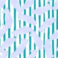 Random seamless pattern with light blue polar bear silhouettes print. White and green striped background Royalty Free Stock Photo