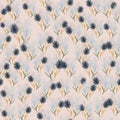 Random seamless pattern with little dandelion figures. Navy and blue flowers on light pastel pink background