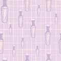 Random seamless pattern in paste tones with light potion bottle shapes on chequered background