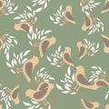 Random seamless pattern in pastel tones with beige birds on branches. Green olive background