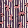 Random seamless pattern with pink japanese crane birds ornament. Purple striped background Royalty Free Stock Photo