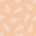 Random seamless pattern with white rosemary branches elements. Pink pastel background