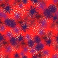 Random seamless sea urchin pattern. Purple ocean pompons in purple tones on red background with splashes Royalty Free Stock Photo