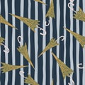 Random seamless style pattern with umbrella accessory. Striped navy blue and grey background