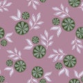 Random seamless summer pattern with green abstract lime slices print with leaves. Purple pastel background Royalty Free Stock Photo