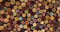 A random selection of used wine corks, some with vintage years.