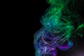 random shapes of colored smoke fired with colored flash green, magenta, blue and cyan