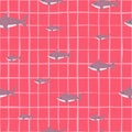 Random shark seamless pattern with pale fish shapes. Pink chequered background. Marine print
