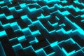 Random shifted black cubes geometrical pattern background with blue glow, minimal futuristc technology template Royalty Free Stock Photo