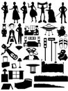 Random silhouettes set, steampunk, people, furnitu Royalty Free Stock Photo