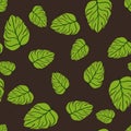 Random tropic nature seamless doodle pattern with bright green monstera leaf shapes. Brown background