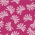 Random tropic nature seamless pattern in bright pink tones with folk licuala palm silhouettes