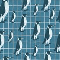 Random tropic zoo seamless pattern with doodle penguin ornament. Chequered background. Blue palette print