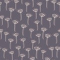 Random white contoured little dandelion seamless pattern. Pastel purple background. Stylized backdrop