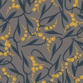 Random yellow abstract lily of the valley silhouettes seamless pattern. Grey background