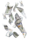 Randomly Falling $100 Bills on White Royalty Free Stock Photo