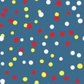 Randomly scattered bright circles. Round confetti. Festive seamless pattern.