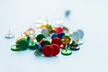 Randomly scattered multicolored Pushpins, office theme Royalty Free Stock Photo