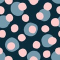 Randomly scattered rounded dots painted with watercolour brush. Seamless pattern for girls.