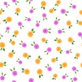 Randomly scattered small flowers with leaves. Colored floral seamless pattern. Royalty Free Stock Photo