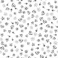 Randomly scattered suns, stars, arrows, hashes, hearts. Seamless pattern.