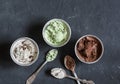 Range of coconut milk ice cream with chocolate, matcha powder, chocolate chips and vanilla. Gluten free vegetarian dessert Royalty Free Stock Photo