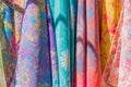 Range of colorful silk  scarfs in the shop Royalty Free Stock Photo