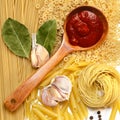 The range of dried pasta, ketchup and spices on top Royalty Free Stock Photo