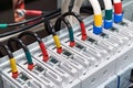 Range of electrical wires or cables are connected to the power circuit breakers. Royalty Free Stock Photo