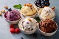 range of ice creams in bowls with different flavors on a table, sense of joy and enjoyment of summer treats Royalty Free Stock Photo