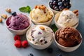 range of ice creams in bowls with different flavors on a table, sense of joy and enjoyment of summer treats, filled with Royalty Free Stock Photo
