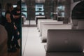 Range of MacBooks on display inside Apple Museum in Prague,Czech Republic Royalty Free Stock Photo