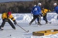 Men`s teams compete in a Pond Hockey Festival in Rangeley. Royalty Free Stock Photo