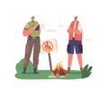 Ranger Forester Character Issues Fine For Man Intruder Burning Fire In Forest. Environmental Laws Prohibit Open Fires