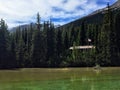 A ranger`s wood cabin partly hidden in the remote forests of British Columbia in Mount Robson Provincial Park, Canada.