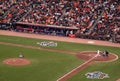 Rangers Pitcher CJ Wilson throws ball to Giants batter Pat Burrell as he swings at incoming pitch Royalty Free Stock Photo