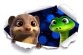 Rango and beans characters breaking through a torn background Royalty Free Stock Photo