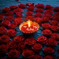 Rangoli elegance red rose floral design with a lit diya Royalty Free Stock Photo